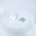 Clip on Ceramic White Flower Natural Pearl Stud Earrings, White Flower Bridal Earrings, Pearl Statement Earrings