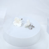 Clip on Ceramic White Flower Natural Pearl Stud Earrings, White Flower Bridal Earrings, Pearl Statement Earrings