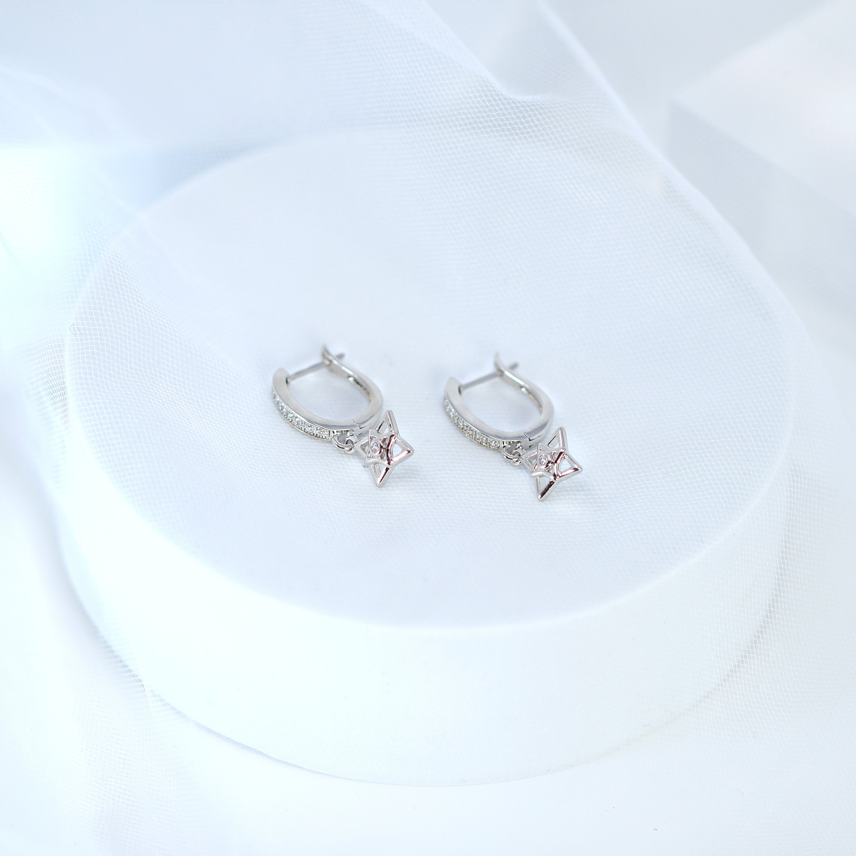 Dainty Cz Diamond Star Drop Hoop Earrings, Crystal Hoop Earrings, Statement Earrings, Rhinestones Hoop Earrings.