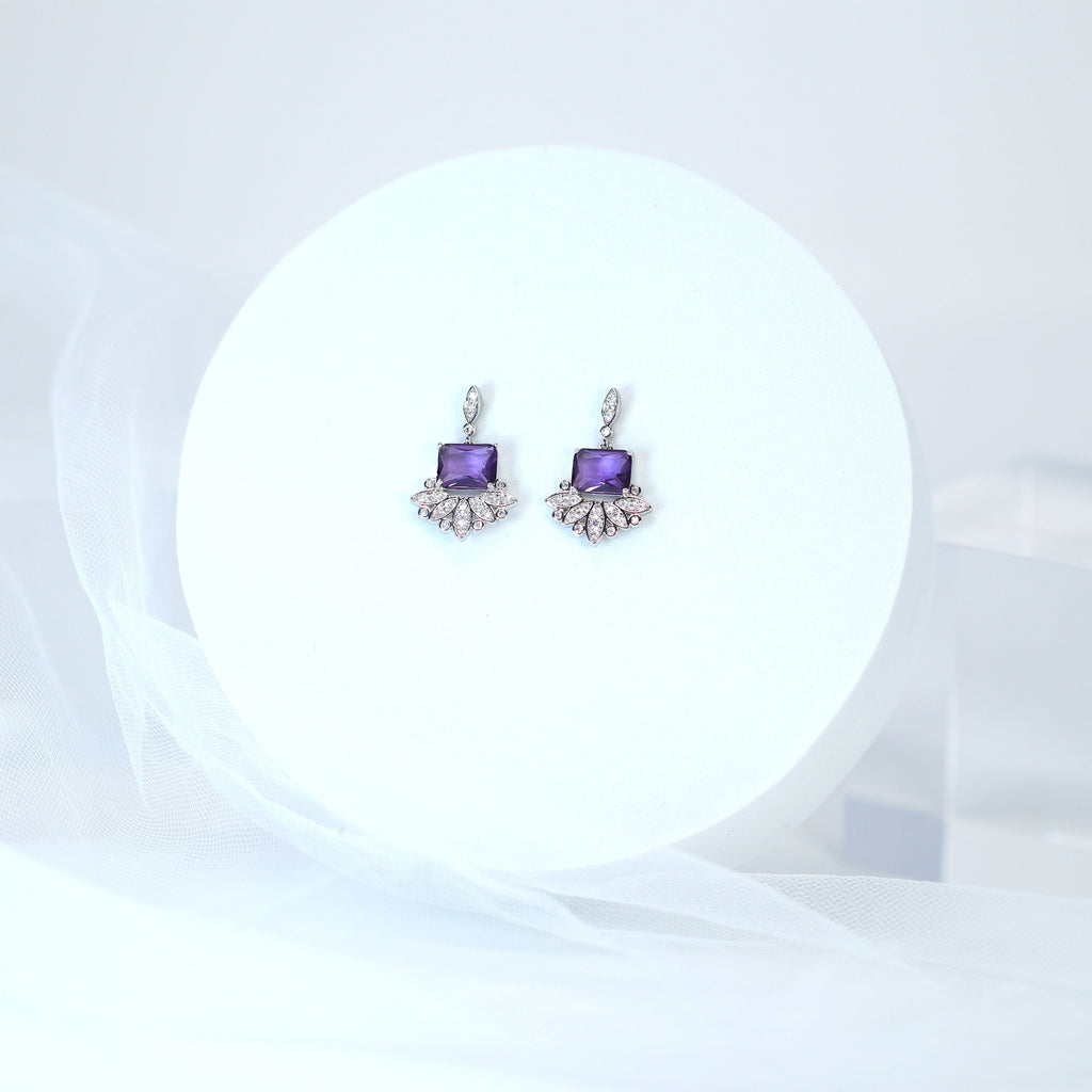 Swarovski Crystal Flower Drop With Purple Accent Dainty Earrings, Bridal Jewelry, Crystal Bridal Earrings, Statement Earrings Cz