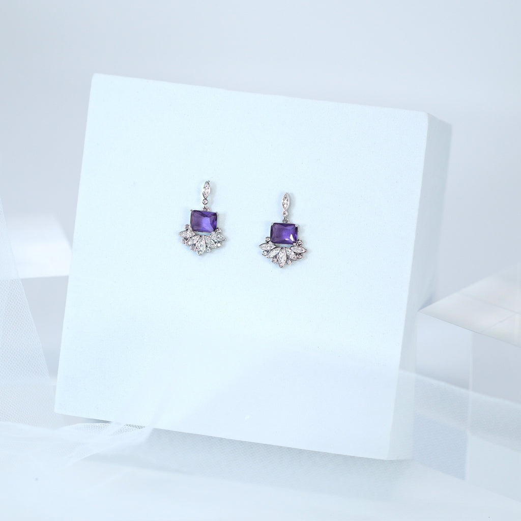 Swarovski Crystal Flower Drop With Purple Accent Dainty Earrings, Bridal Jewelry, Crystal Bridal Earrings, Statement Earrings Cz