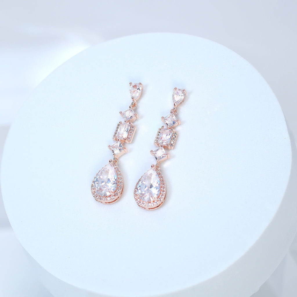 Cubic Zirconia Diamond Geometric Drop Crystal Earring, Diamond Earrings, Long Bridal Jewelry, Crystal Bridal Earrings, Statement Earrings Cz