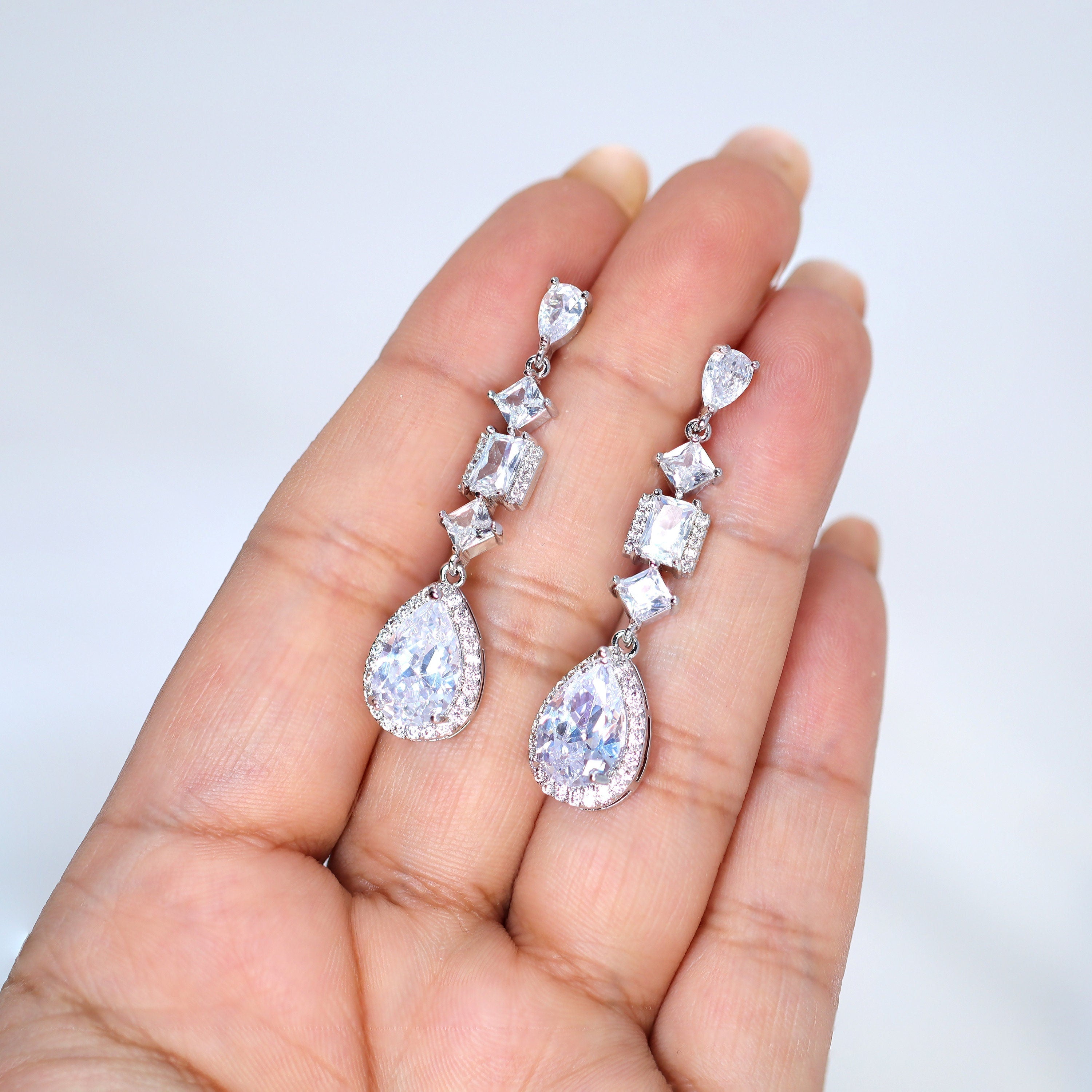 Cubic Zirconia Diamond Geometric Drop Crystal Earring, Diamond Earrings, Long Bridal Jewelry, Crystal Bridal Earrings, Statement Earrings Cz