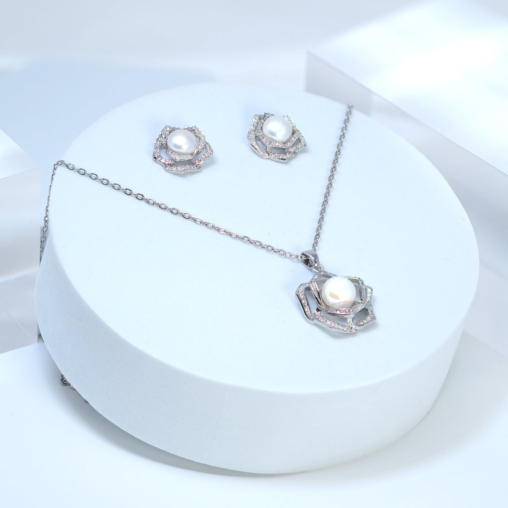 Swarovski Crystal Dainty Rose Flower Pearl Necklace Set , Bridal Jewelry, Bridal Earrings And Necklace, Statement Earrings Cz, Necklace Set