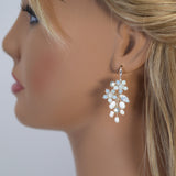 Something Blue Opal Floral Freshwater Pearl Earrings, Long Bridal Jewelry, Opal Bridal Earrings, Statement Earrings