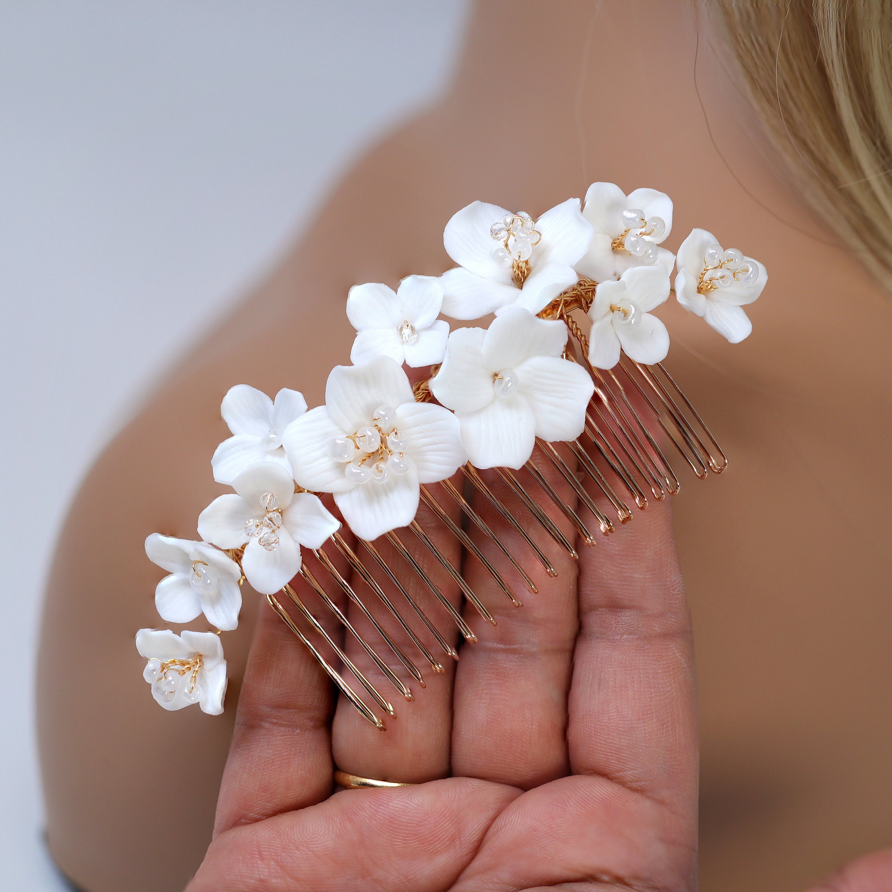 Ceramic White Flowers Pearl Hair comb, Bridal Gold Finish Hair Piece, Bridal Hair Accessories, Wedding Hair Accessory.