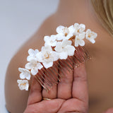 Ceramic White Flowers Pearl Hair comb, Bridal Gold Finish Hair Piece, Bridal Hair Accessories, Wedding Hair Accessory.