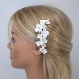 Ceramic White Flowers Pearl Hair comb, Bridal Gold Finish Hair Piece, Bridal Hair Accessories, Wedding Hair Accessory.