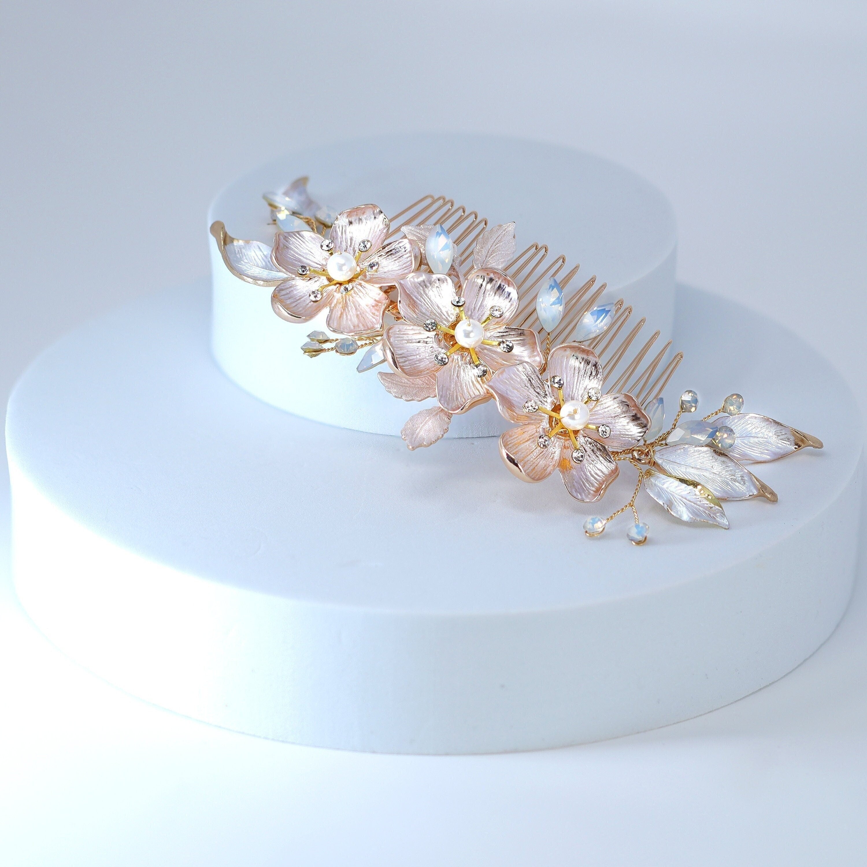 Swarovski Crystal Faux Pearl Floral Vine Leaves Opal Bridal Hair Comb,Bridal Hair Piece, Something Blue Hair Comb, Wedding Hair Accessory.