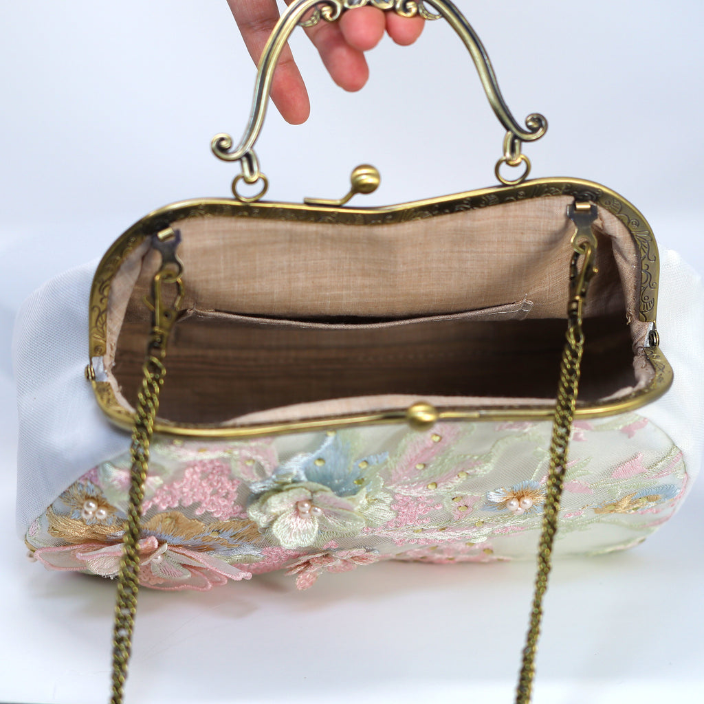 White Embroidered Lace Pink Blue Floral Garden Wedding Bag, Statement Bag, Evening Clutch, Bridal Clutch, White Cross Body Bag