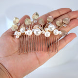 Millennium Crystals Bunch of Shiny Hazel Leaves Sitting on Faux Pearl Bridal Hair Comb, Bridal Hair Accessories, Wedding Hair Accessory.