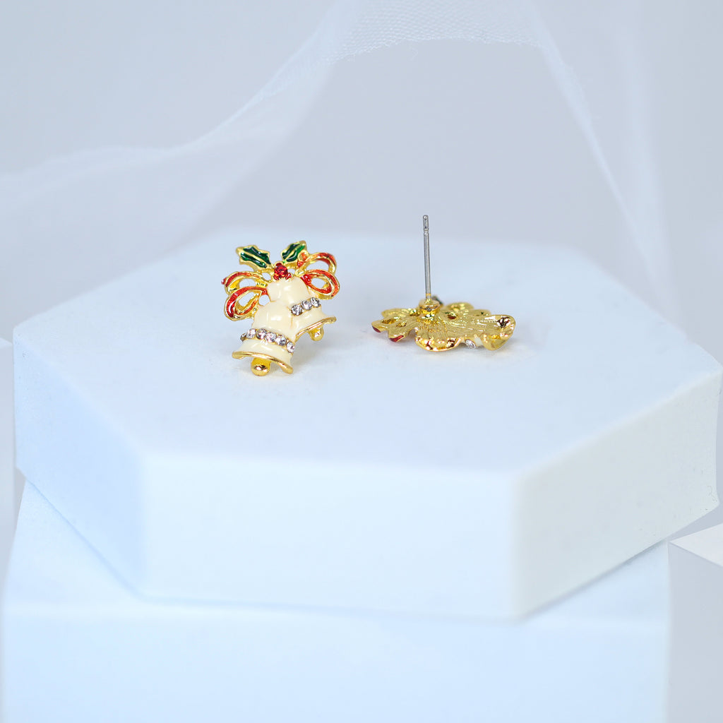 Crystal Beige Jingle Bells With Red Bow And Green Leaf Christmas Earrings, Statement Christmas earrings.