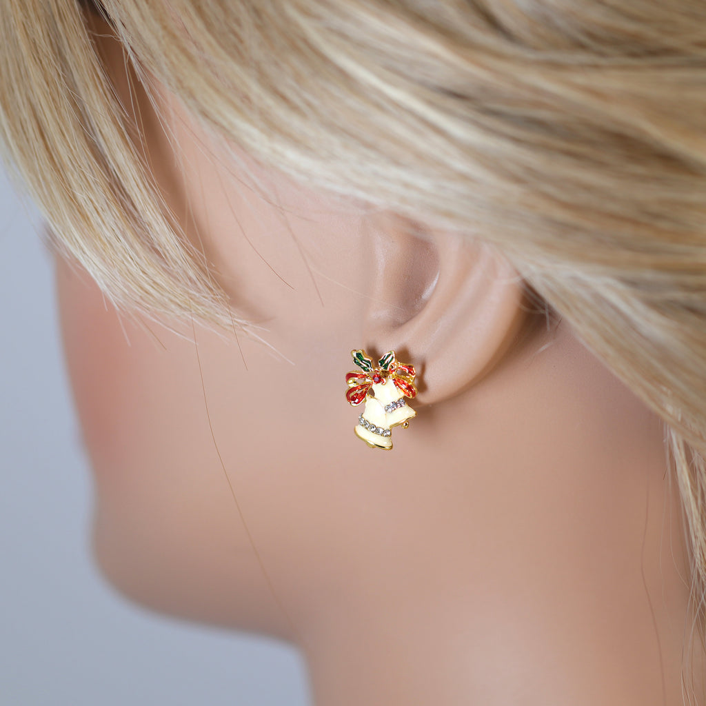 Crystal Beige Jingle Bells With Red Bow And Green Leaf Christmas Earrings, Statement Christmas earrings.