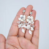 Swarovski Crystal Silver Floral Necklace set , Long Bridal Jewelry Crystal Flower Necklace Bridal Earrings Statement Earrings