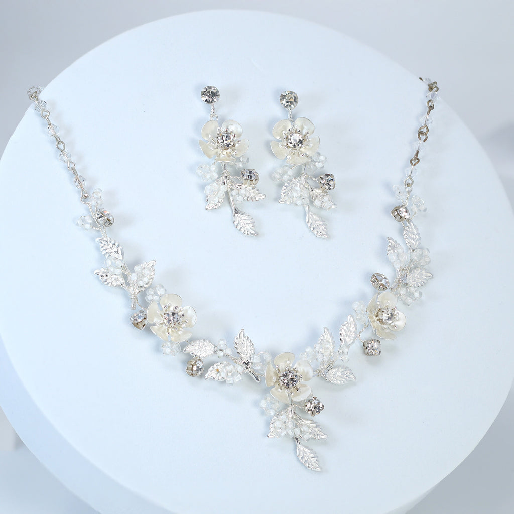 Swarovski Crystal Silver Floral Necklace set , Long Bridal Jewelry Crystal Flower Necklace Bridal Earrings Statement Earrings