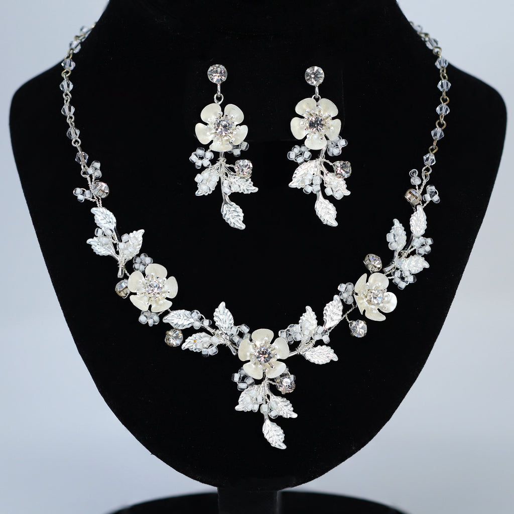 Swarovski Crystal Silver Floral Necklace set , Long Bridal Jewelry Crystal Flower Necklace Bridal Earrings Statement Earrings
