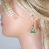 Minimalist Rhinestone Green Christmas Tree Dangle Earrings, Crystal Tree Earring, Statement Christmas Earring.