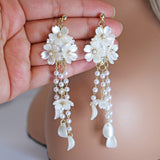 Light Weight Gold Swarovski Crystal Faux pearl White Floral Petal Drop earrings, Long Tassel Bridal Earrings Statement earrings