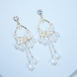 Light Weight Gold Swarovski Crystal Faux pearl White Floral Drop Hoop earrings, Long Tassel Bridal Earrings Statement earrings