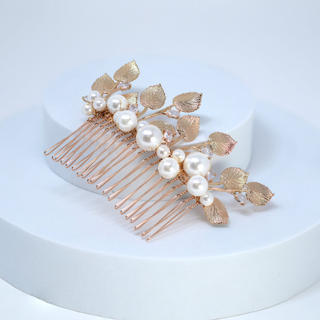 Millennium Crystals Bunch of Shiny Hazel Leaves Sitting on Faux Pearl Bridal Hair Comb, Bridal Hair Accessories, Wedding Hair Accessory.