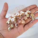 Millennium Crystals Bunch of Shiny Hazel Leaves Sitting on Faux Pearl Bridal Hair Comb, Bridal Hair Accessories, Wedding Hair Accessory.