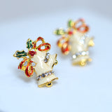 Crystal Beige Jingle Bells With Red Bow And Green Leaf Christmas Earrings, Statement Christmas earrings.