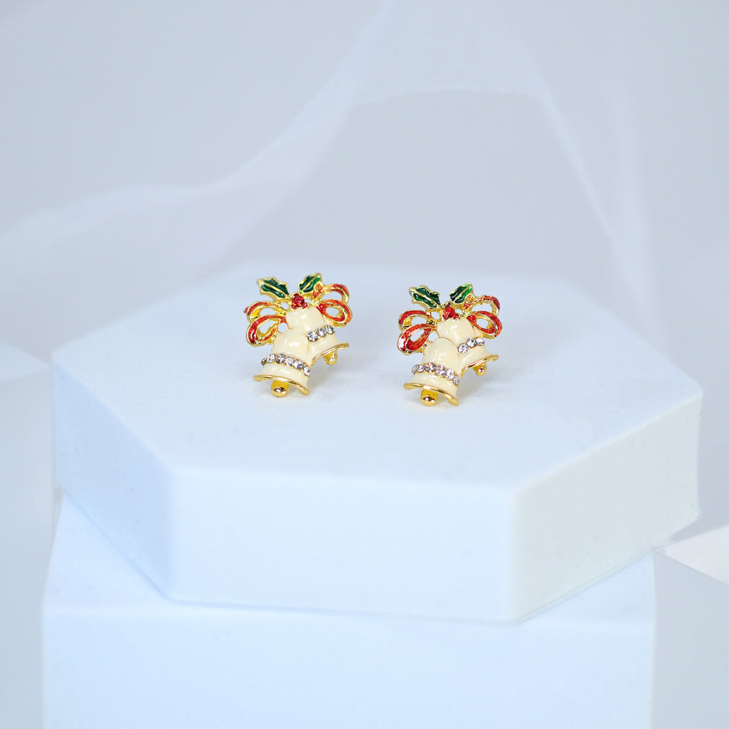 Crystal Beige Jingle Bells With Red Bow And Green Leaf Christmas Earrings, Statement Christmas earrings.