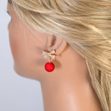 Golden Crystal Bow With Red Bow Drop Christmas earrings, Red Gold Christmas Earrings Statement Christmas earrings.