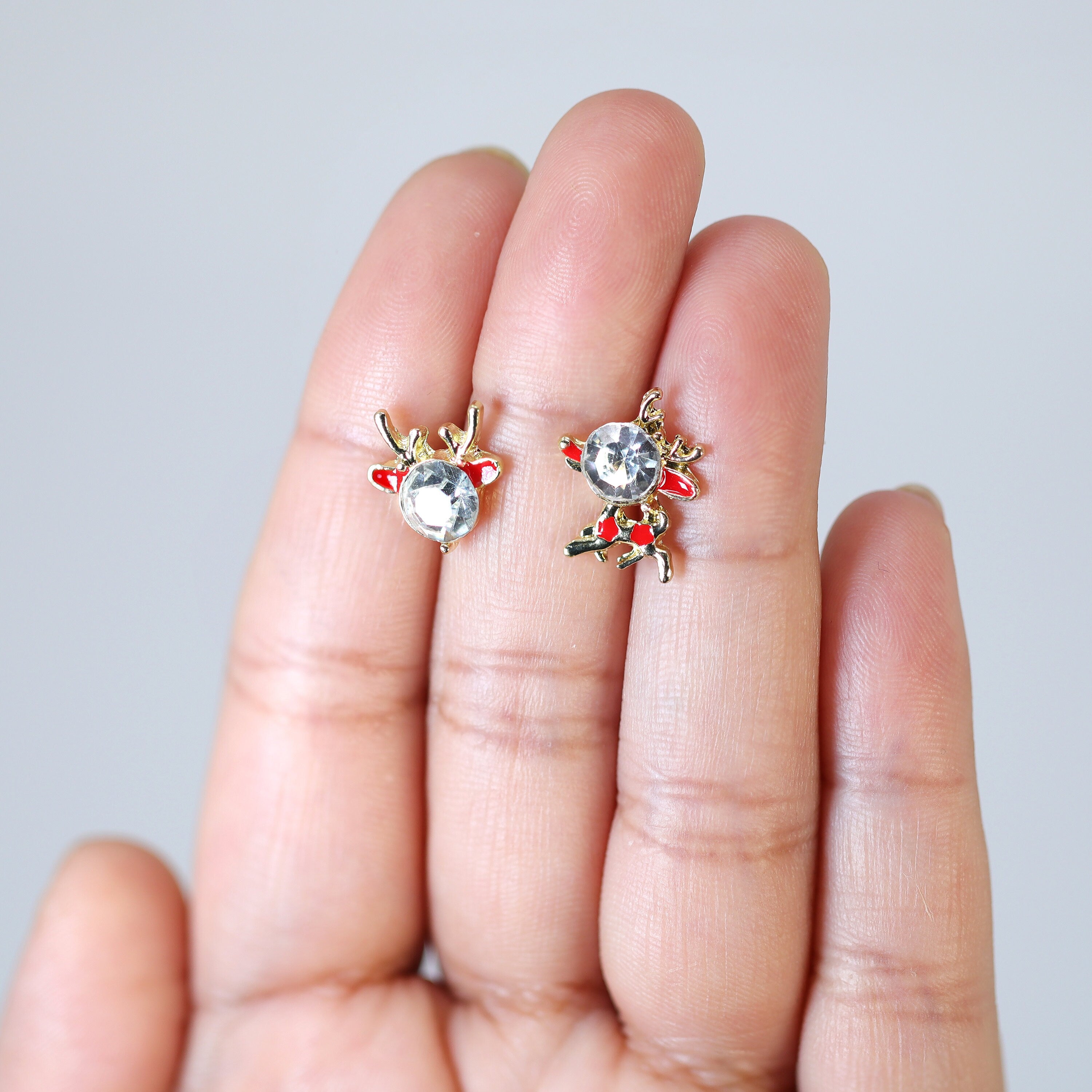 Crystal Gold And Red Reindeer Christmas earrings, Christmas Stud Earrings Statement Christmas earrings.