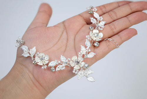 Swarovski Crystal Silver Floral Necklace set , Long Bridal Jewelry Crystal Flower Necklace Bridal Earrings Statement Earrings