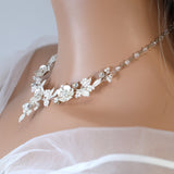 Swarovski Crystal Silver Floral Necklace set , Long Bridal Jewelry Crystal Flower Necklace Bridal Earrings Statement Earrings