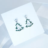 Minimalist Rhinestone Snowy Green Christmas Tree Star Topper Dangle Earrings, Crystal Tree Earring, Statement Christmas Earring.