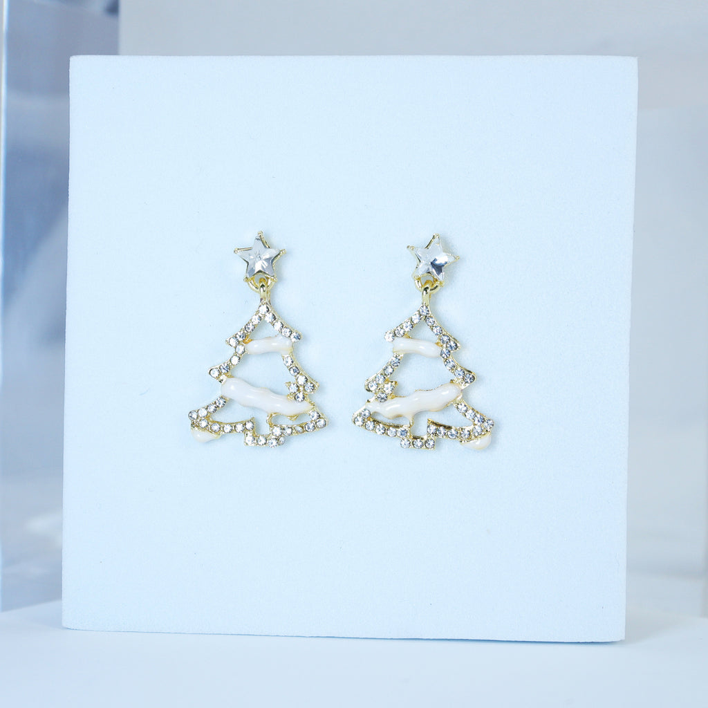 Minimalist Rhinestone Snowy Gold White Christmas Tree Star Topper Dangle Earrings, Crystal Tree Earring, Statement Christmas Earring.