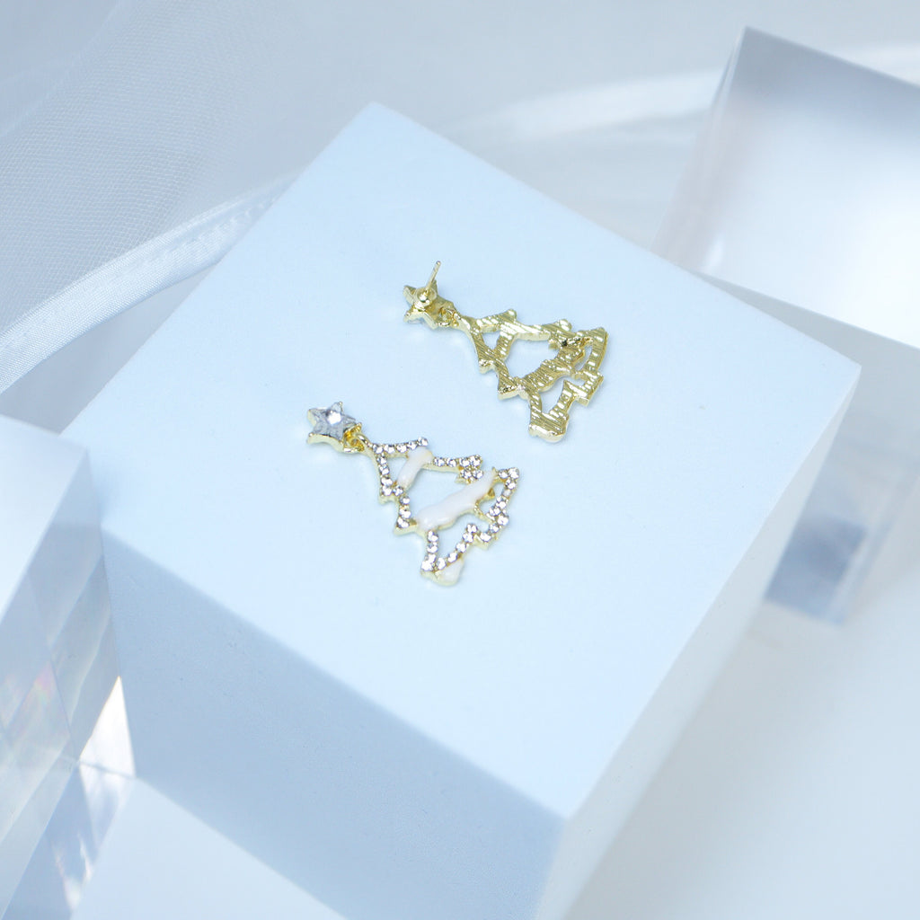 Minimalist Rhinestone Snowy Gold White Christmas Tree Star Topper Dangle Earrings, Crystal Tree Earring, Statement Christmas Earring.