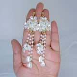 Light Weight Gold Swarovski Crystal Faux pearl White Floral Petal Drop earrings, Long Tassel Bridal Earrings Statement earrings