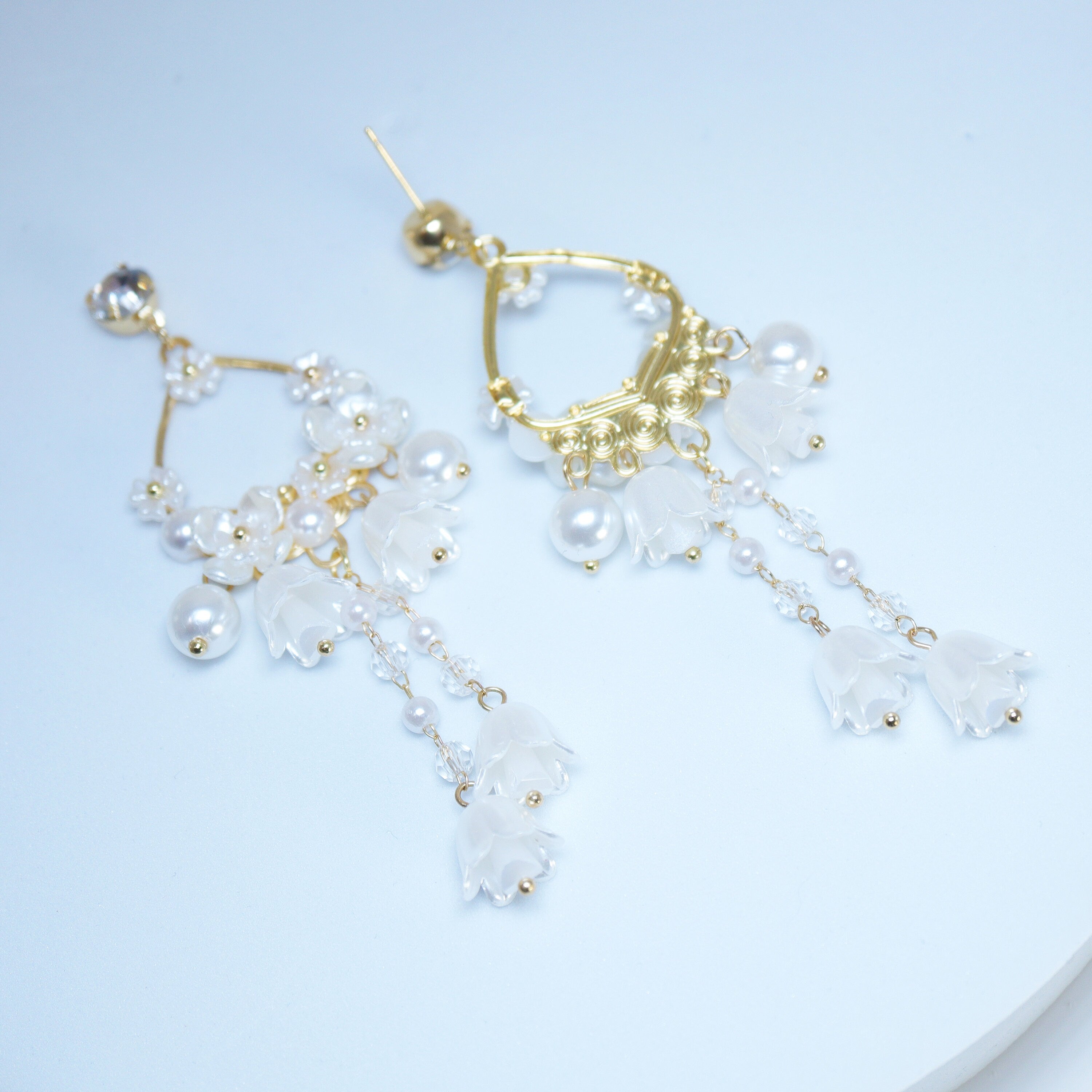 Light Weight Gold Swarovski Crystal Faux pearl White Floral Drop Hoop earrings, Long Tassel Bridal Earrings Statement earrings