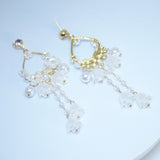 Light Weight Gold Swarovski Crystal Faux pearl White Floral Drop Hoop earrings, Long Tassel Bridal Earrings Statement earrings
