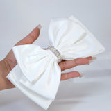 White Satin Bow With Crystals Bridal Hair Clip, Bridesmaid Gift, Wedding Hair Accessory, Large Hair Clip.
