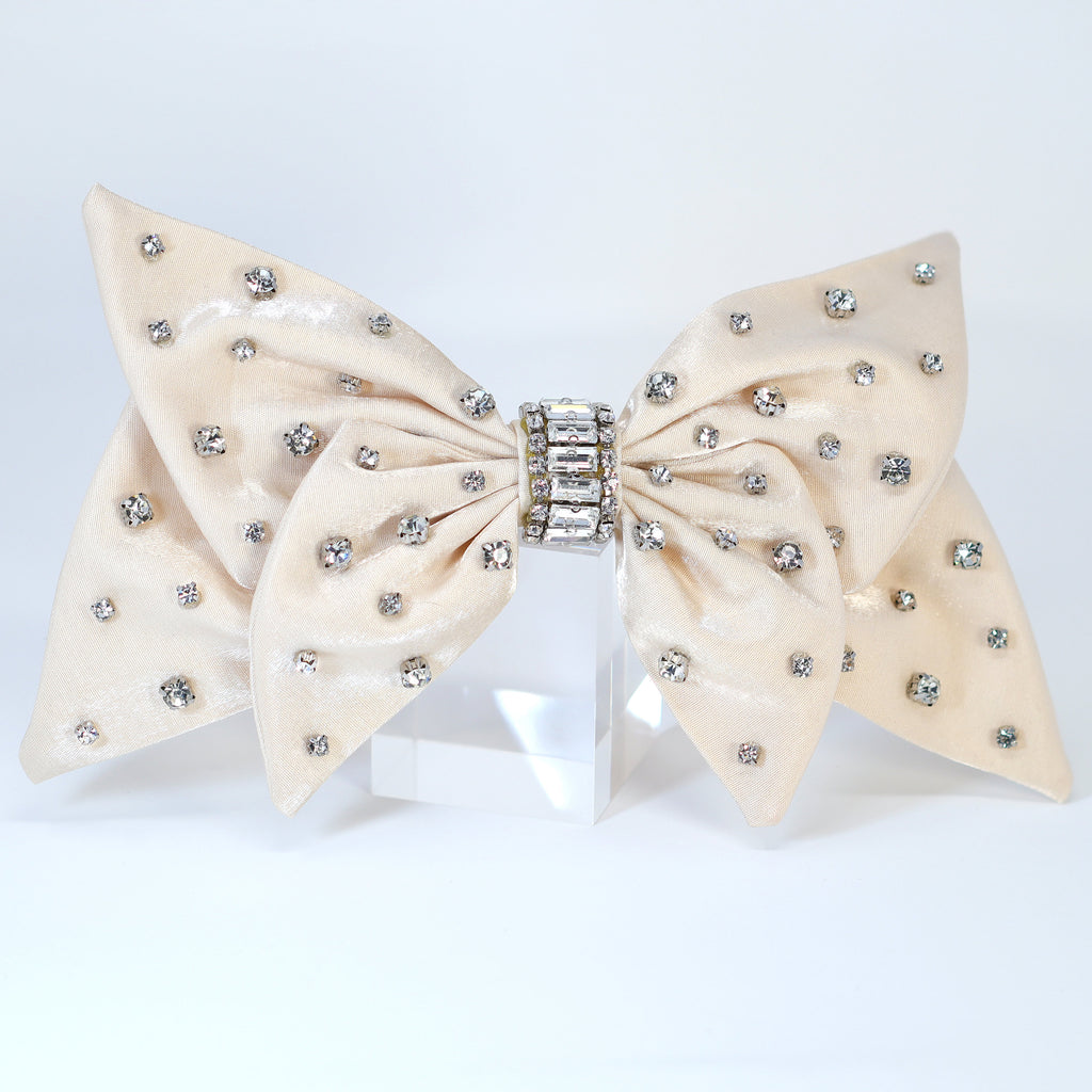 Beige Satin Bow With Rhinestones And Crystals Bridal French Hair Clip, Bridesmaid Gift, Wedding Hair Accessory, Large Hair Clip.