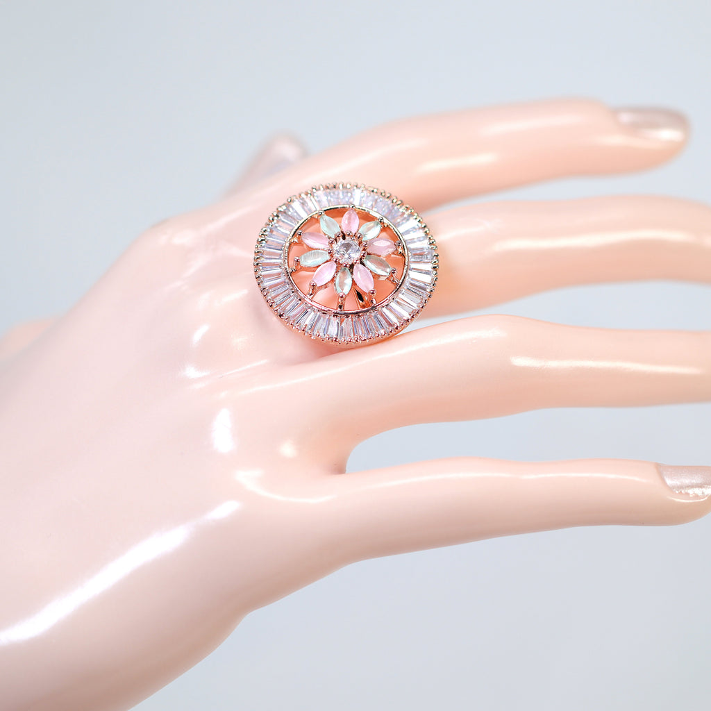 Swarovski Crystal Rose Gold Pink And Light Green Floral Large Statement Ring, Engagement Ring, Promise Ring For a Friend, Friendship ring.