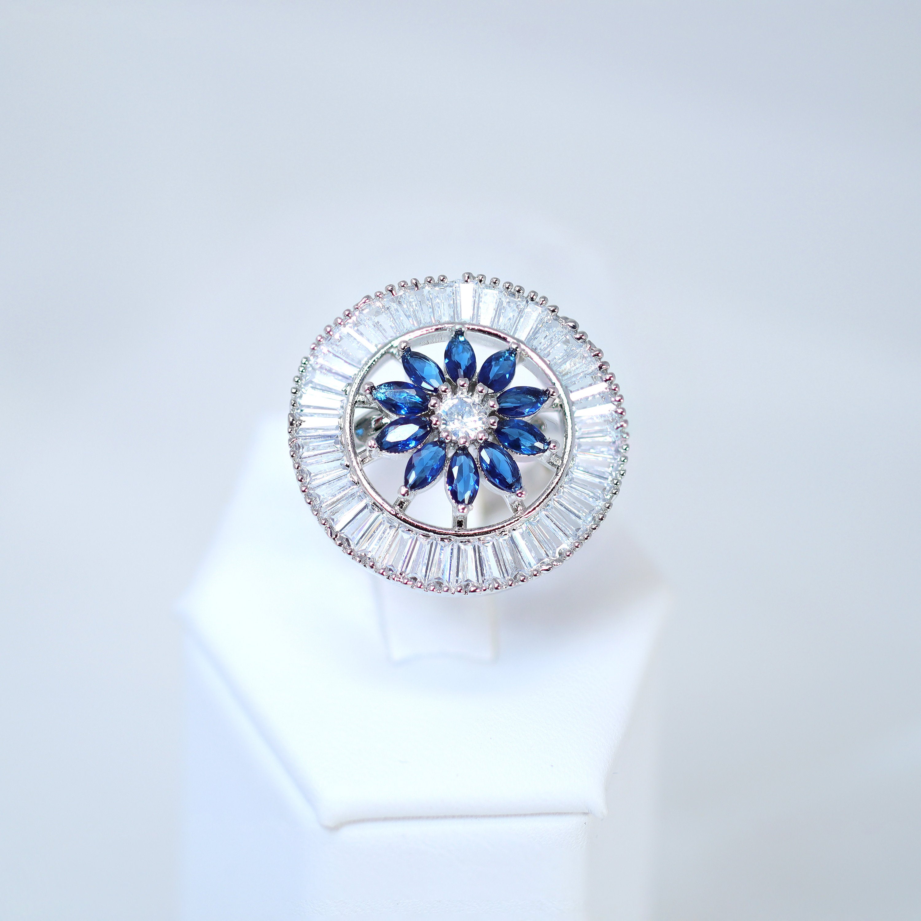 Swarovski Crystal Silver Blue Floral Large Statement Ring, Engagement Ring, Promise Ring For a Friend, Friendship ring.