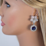 Cz Floral Sapphire Colored Crystal/Blue Drop Diamond earrings Long Bridal Jewelry Bridal Earrings Crystal Bridal Earrings Statement earrings