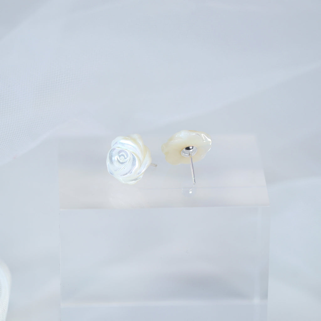 Natural Freshwater Pearls With Mother Of Pearl Carved White Rose Earrings, Bridal Jewelry Bridal Floral Stud Earrings Statement Earrings