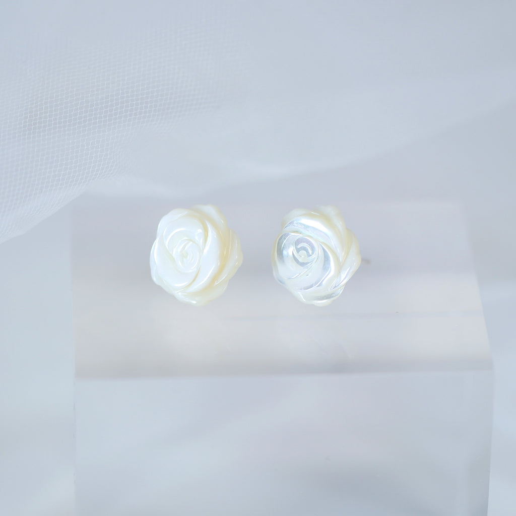 Natural Freshwater Pearls With Mother Of Pearl Carved White Rose Earrings, Bridal Jewelry Bridal Floral Stud Earrings Statement Earrings