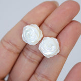 Natural Freshwater Pearls With Mother Of Pearl Carved White Rose Earrings, Bridal Jewelry Bridal Floral Stud Earrings Statement Earrings