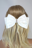 White Satin Bow With Crystals Bridal Hair Clip, Bridesmaid Gift, Wedding Hair Accessory, Large Hair Clip.