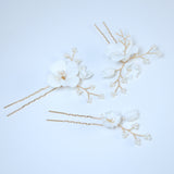 Porcelain White Floral Vine Garden Pearl Elegance Ensemble Hair Pins Set of 3 , Ceramic Hair pins Set, Bridal Hair Accessories