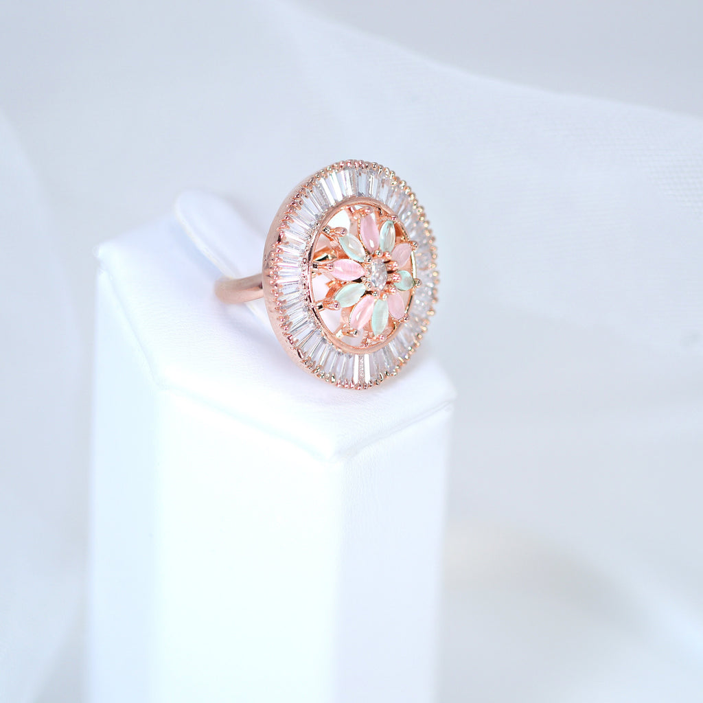 Swarovski Crystal Rose Gold Pink And Light Green Floral Large Statement Ring, Engagement Ring, Promise Ring For a Friend, Friendship ring.