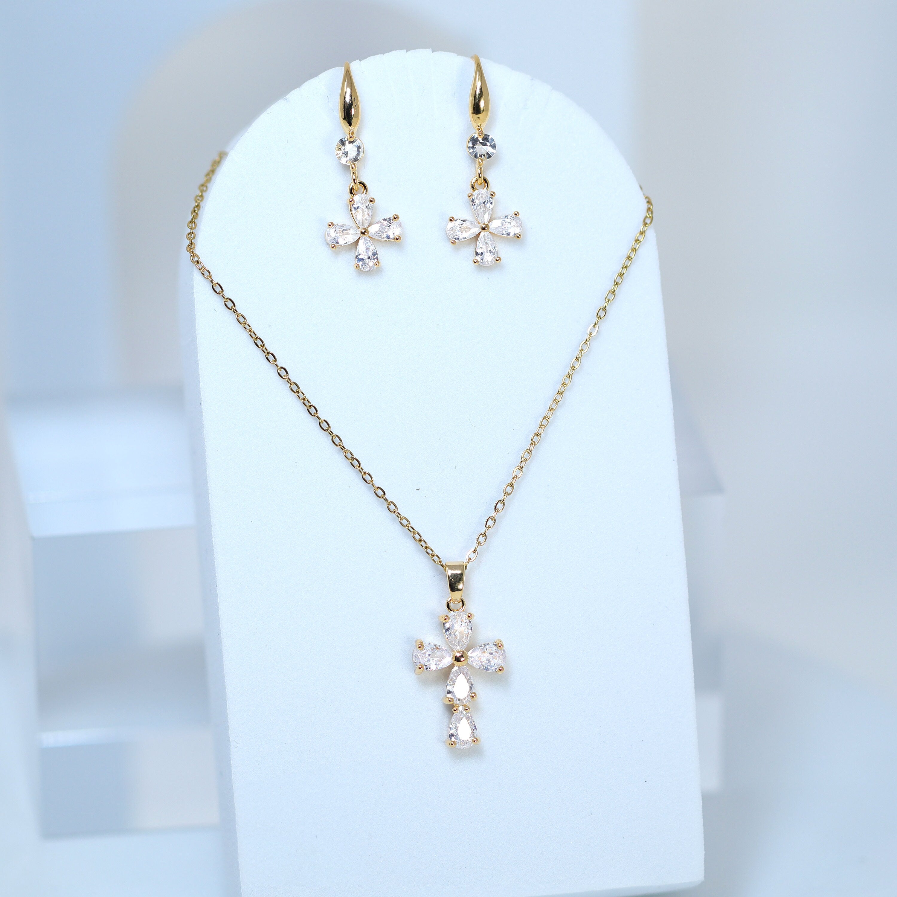 Swarovski Crystal Dainty Clover And Cross Drop Necklace , Bridal Jewelry, Bridal Earrings And Necklace, Statement Earrings Cz, Necklace Set