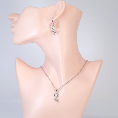 Swarovski Crystal Dainty Rose Drop Necklace , Bridal Jewelry, Bridal Earrings, Statement Earrings Cz, Necklace Set, Valentines Gift.
